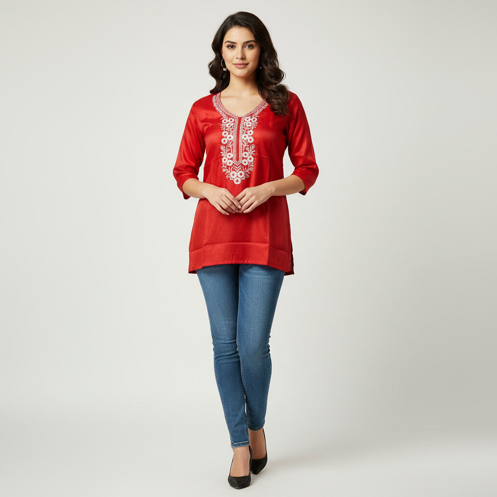 NIZORI Red Embroidered V-Neck Tunic Top for Women | Elegant 3/4 Sleeve Casual Kurti