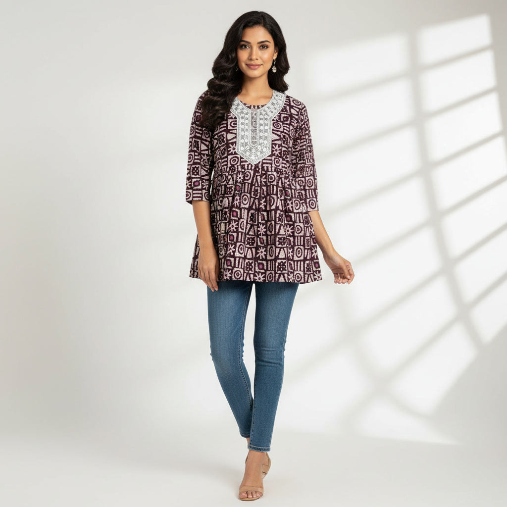 NIZORI Maroon Geometric Printed Tunic Top for Women | Embroidered Neck 3/4 Sleeve Casual Kurti