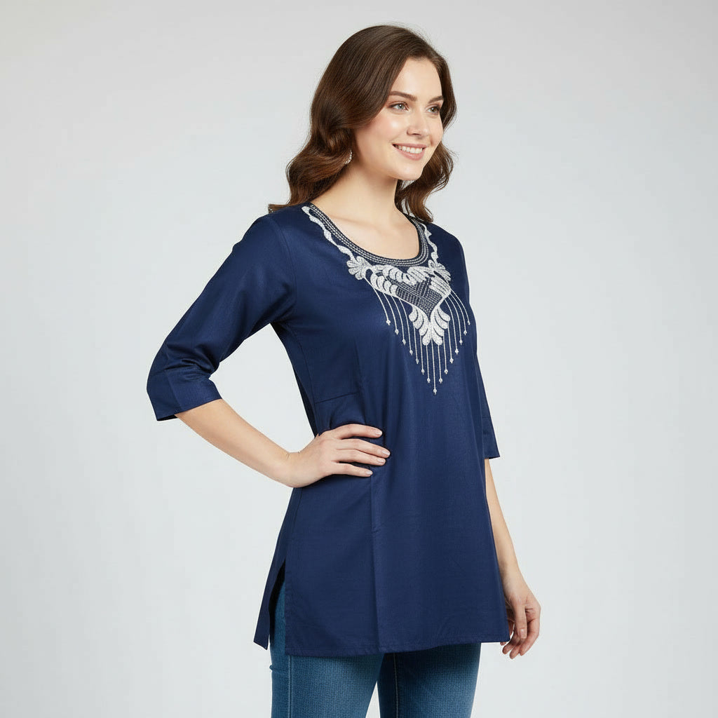 NIZORI Elegant Navy Blue Embroidered Tunic Top for Women | 3/4 Sleeve Soft Stretch Casual Kurti Style