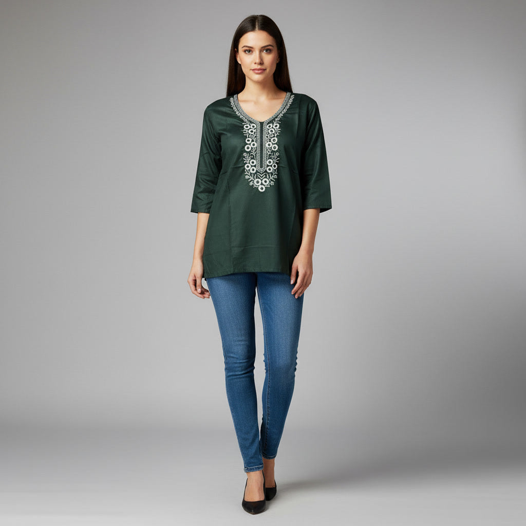 NIZORI Forest Green Embroidered Tunic Top for Women | Elegant 3/4 Sleeve Casual Kurti