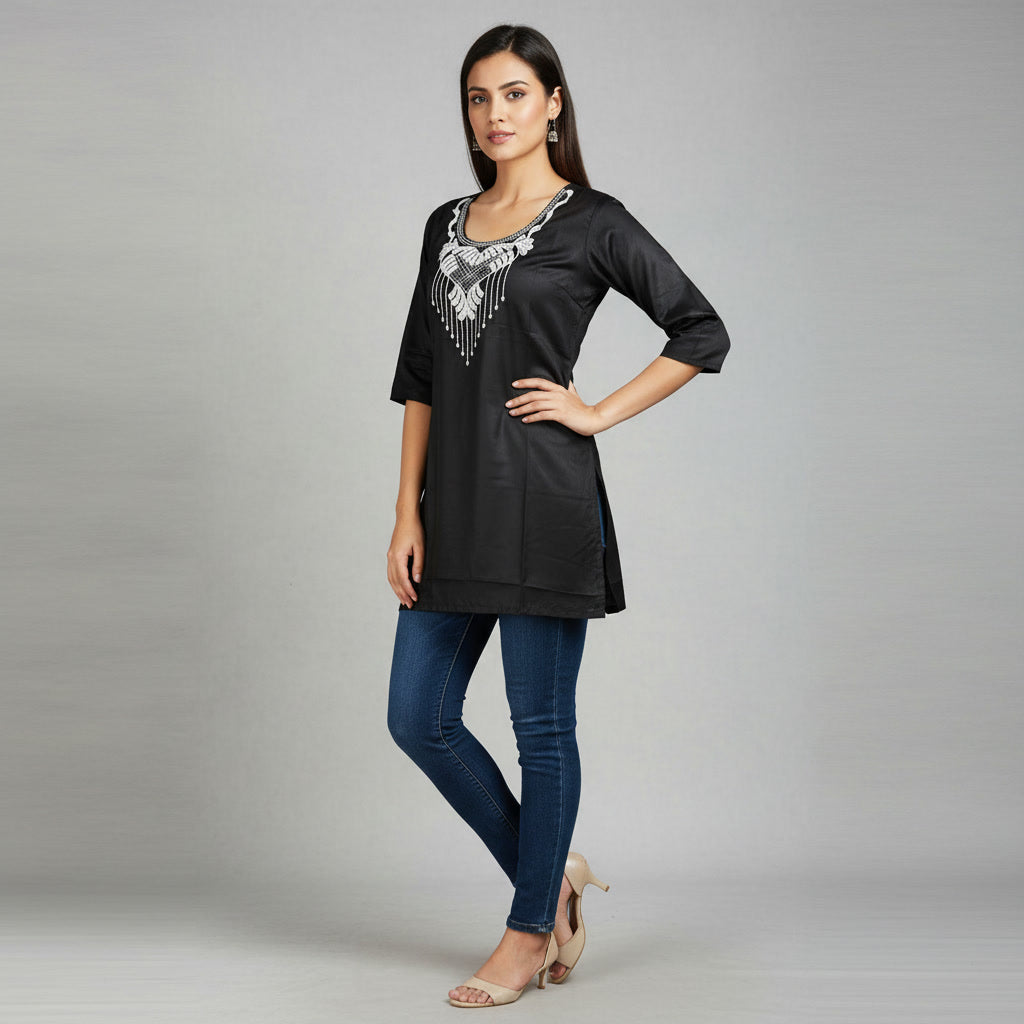 NIZORI Women Solid Short Kurti with Embroidered Neck | Stylish Casual & Office Wear Ethnic Top