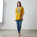 NIZORI Mustard Yellow Embroidered Round Neck Tunic Top for Women | Elegant 3/4 Sleeve Casual Kurti