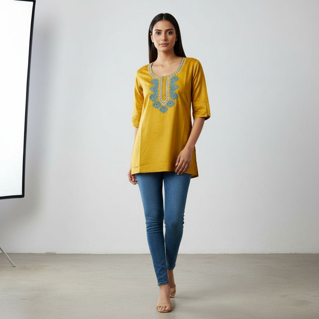NIZORI Mustard Yellow Embroidered Round Neck Tunic Top for Women | Elegant 3/4 Sleeve Casual Kurti