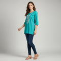 NIZORI Teal Embroidered 3/4 Sleeve Tunic Top for Women | Elegant Round Neck Casual Kurti