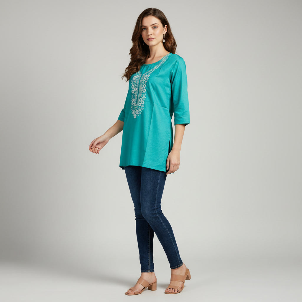 NIZORI Teal Embroidered 3/4 Sleeve Tunic Top for Women | Elegant Round Neck Casual Kurti