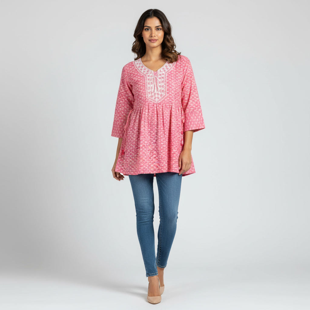 NIZORI Pink Printed Embroidered Tunic Top for Women | Elegant Flared 3/4 Sleeve Casual Kurti