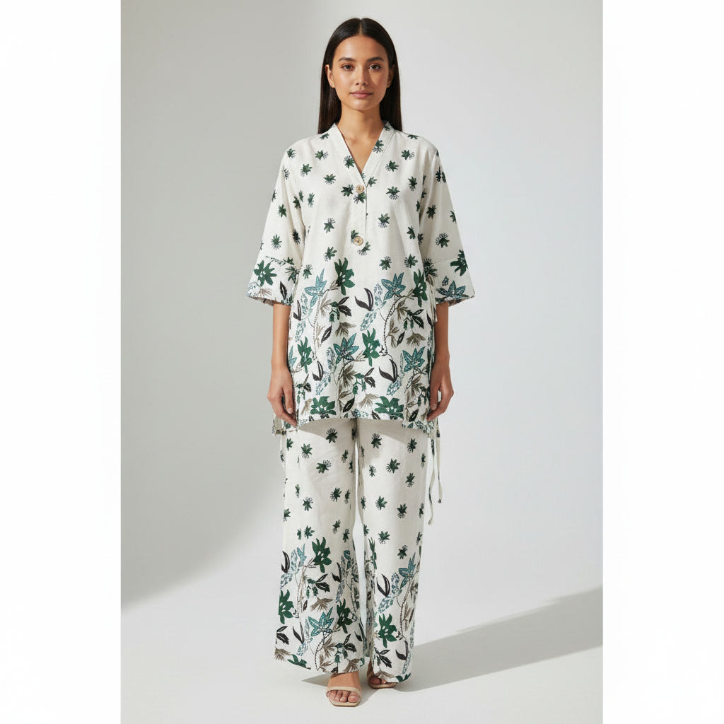 NIZORI Women Printed Co-Ord Set | Relaxed Fit Kurti with Matching Pants | Stylish Casual & Resort Wear Set