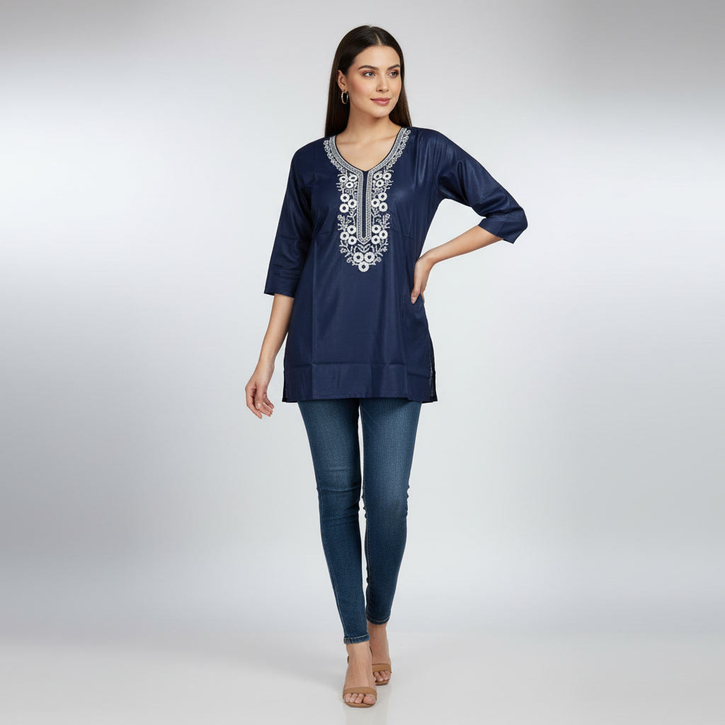 NIZORI Navy Blue Embroidered V-Neck Tunic Top for Women | Elegant 3/4 Sleeve Casual Kurt
