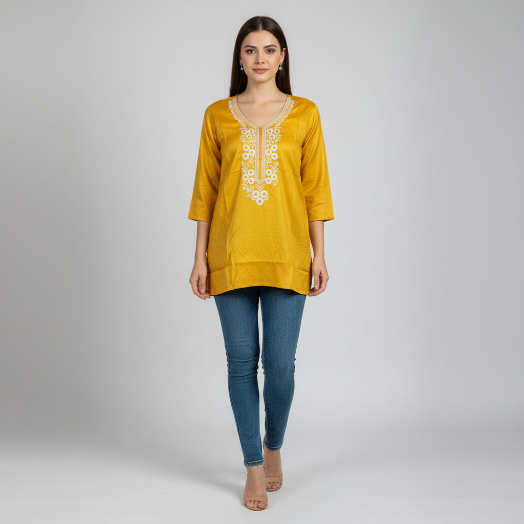 NIZORI Mustard Yellow Embroidered V-Neck Tunic Top for Women | Elegant 3/4 Sleeve Casual Kurti