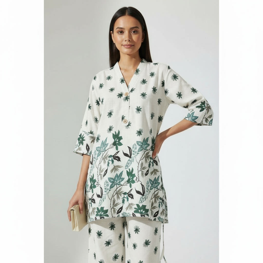 NIZORI Women Printed Co-Ord Set | Relaxed Fit Kurti with Matching Pants | Stylish Casual & Resort Wear Set