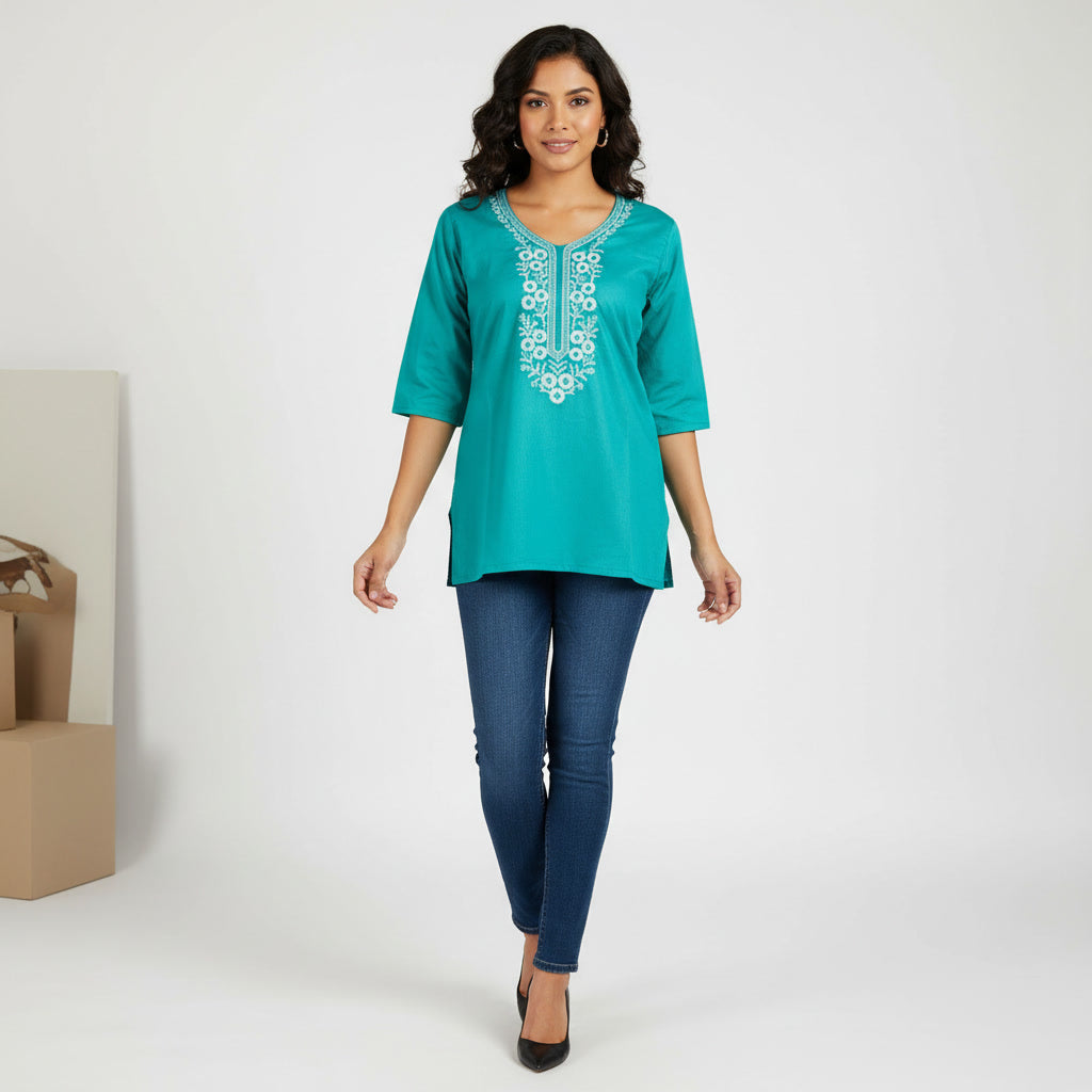 NIZORI Teal Embroidered 3/4 Sleeve Tunic Top for Women | Elegant Round Neck Casual Kurti