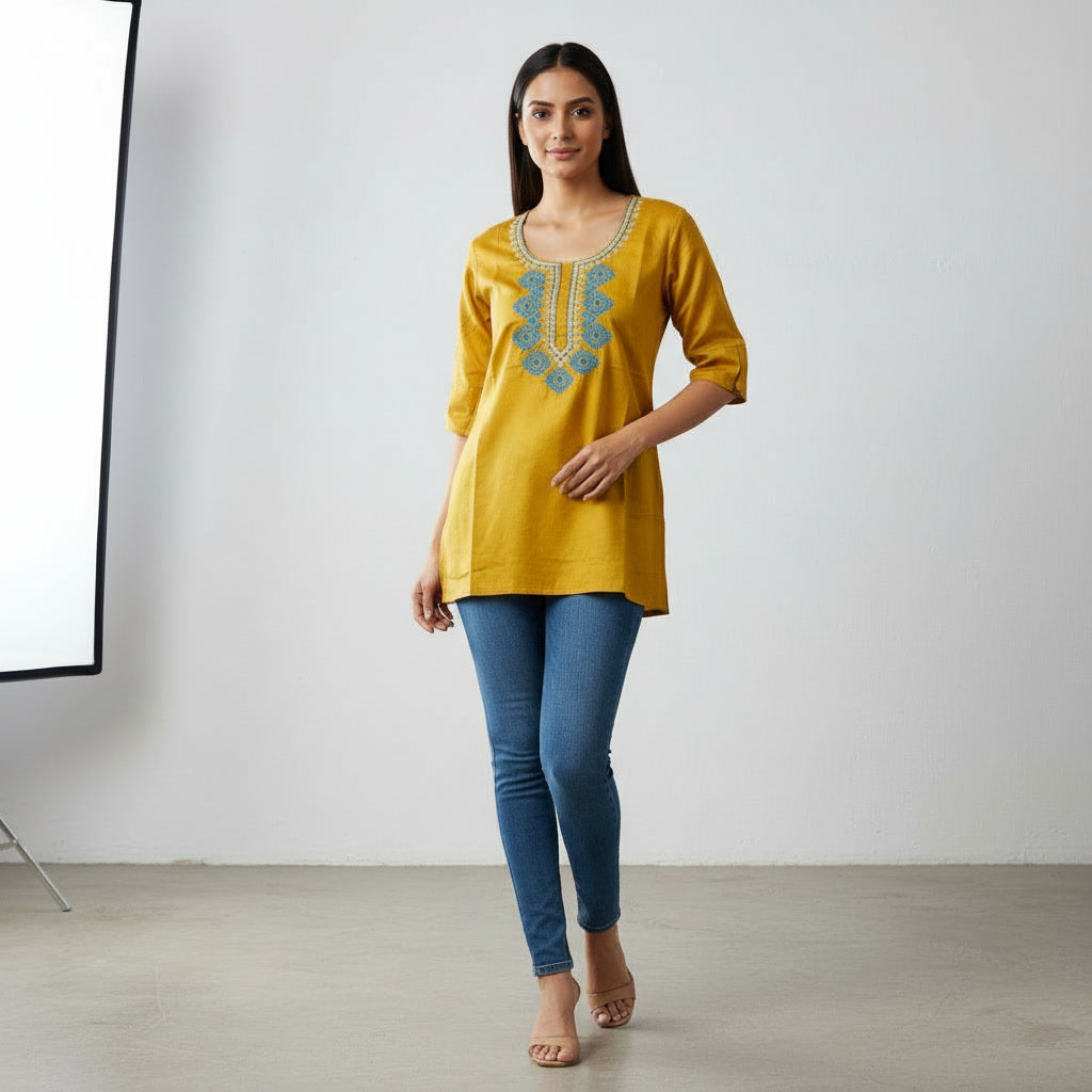 NIZORI Mustard Yellow Embroidered Round Neck Tunic Top for Women | Elegant 3/4 Sleeve Casual Kurti