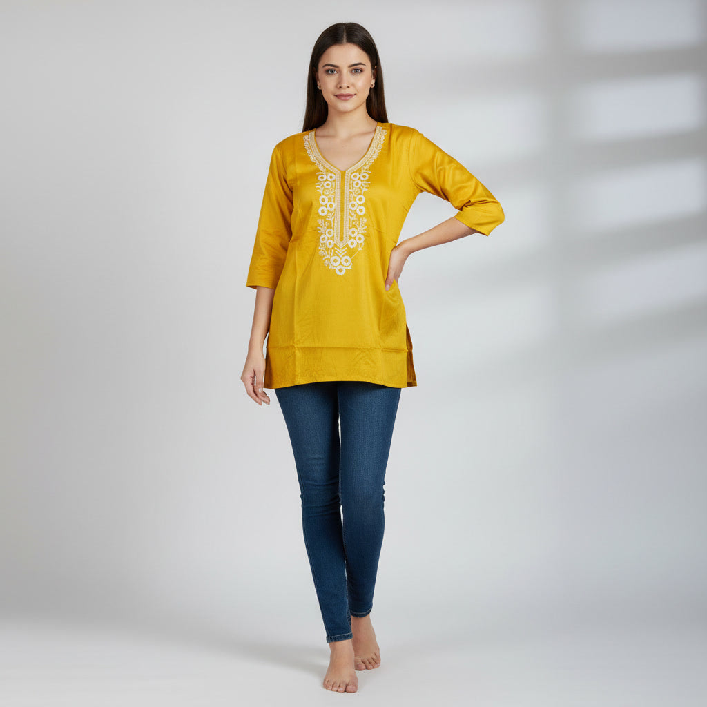 NIZORI Mustard Yellow Embroidered V-Neck Tunic Top for Women | Elegant 3/4 Sleeve Casual Kurti