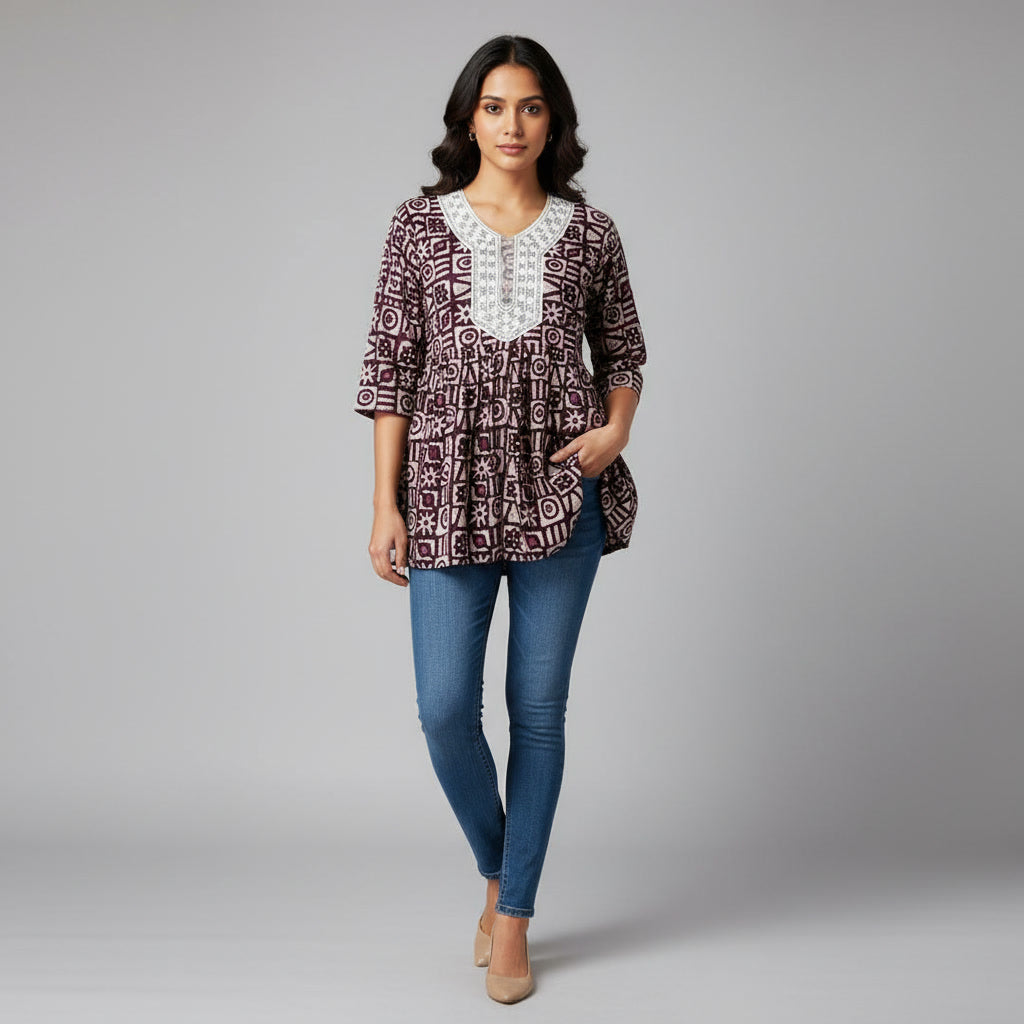 NIZORI Maroon Geometric Printed Tunic Top for Women | Embroidered Neck 3/4 Sleeve Casual Kurti