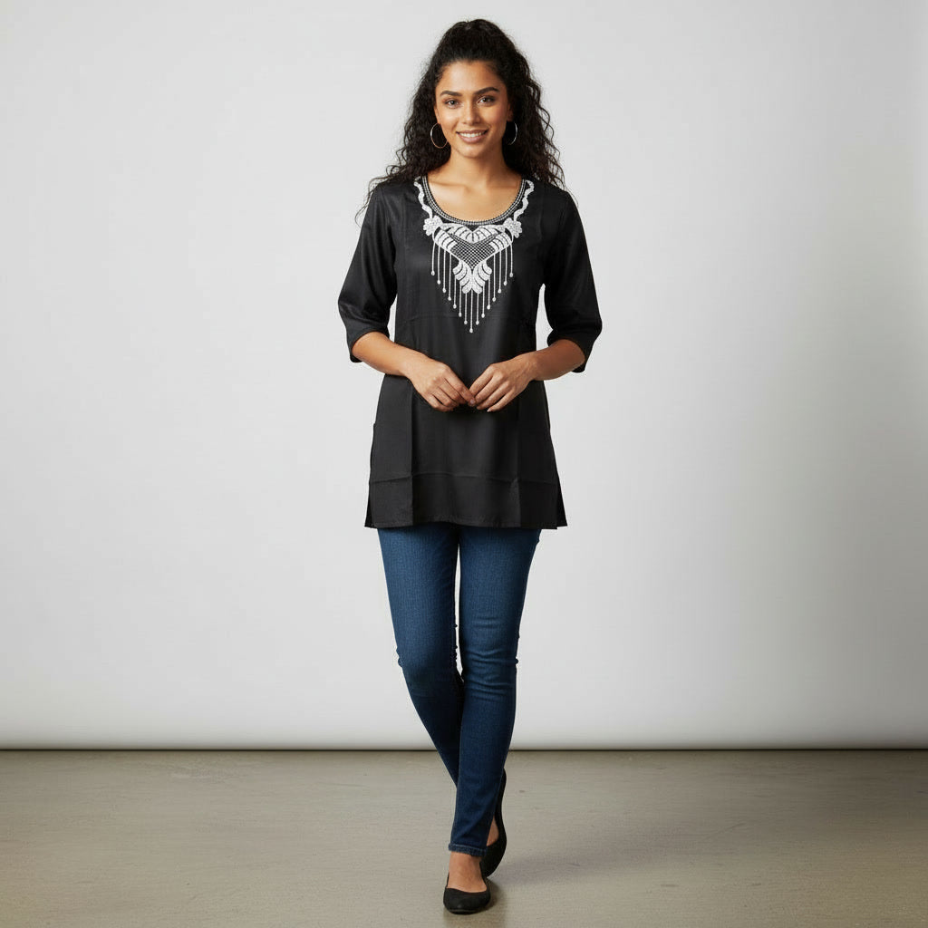 NIZORI Women Solid Short Kurti with Embroidered Neck | Stylish Casual & Office Wear Ethnic Top