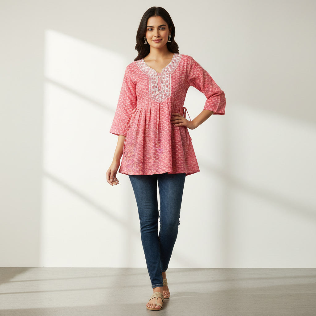 NIZORI Pink Printed Embroidered Tunic Top for Women | Elegant Flared 3/4 Sleeve Casual Kurti