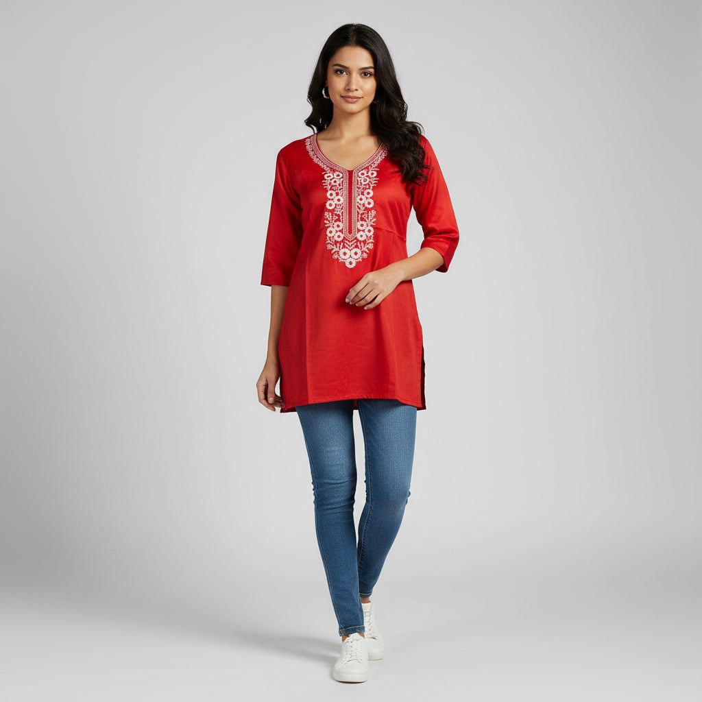 NIZORI Red Embroidered V-Neck Tunic Top for Women | Elegant 3/4 Sleeve Casual Kurti
