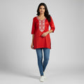 NIZORI Red Embroidered V-Neck Tunic Top for Women | Elegant 3/4 Sleeve Casual Kurti