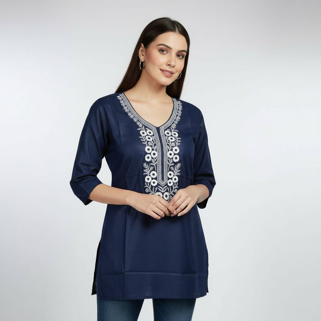 NIZORI Navy Blue Embroidered V-Neck Tunic Top for Women | Elegant 3/4 Sleeve Casual Kurt