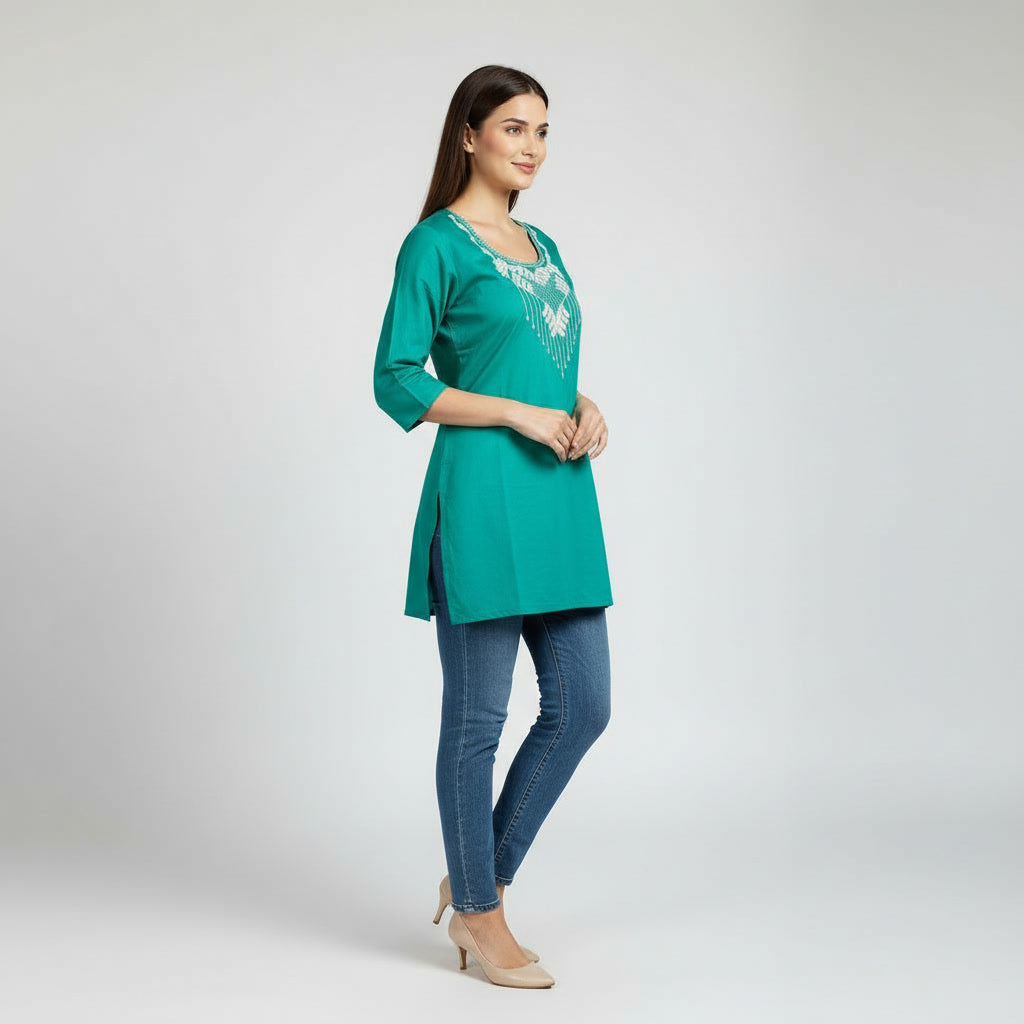 NIZORI Emerald Green Embroidered Tunic Top for Women | Elegant 3/4 Sleeve Soft Stretch Casual Kurti