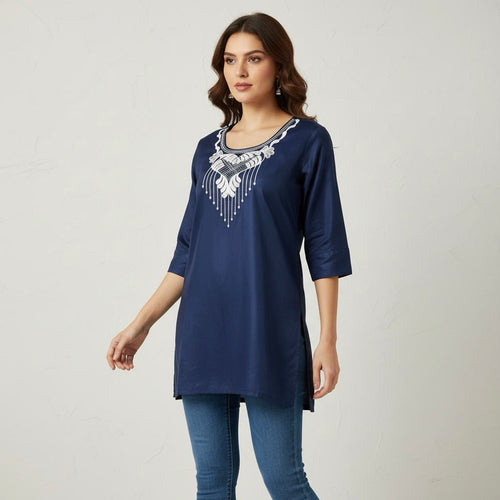 NIZORI Elegant Navy Blue Embroidered Tunic Top for Women | 3/4 Sleeve Soft Stretch Casual Kurti Style