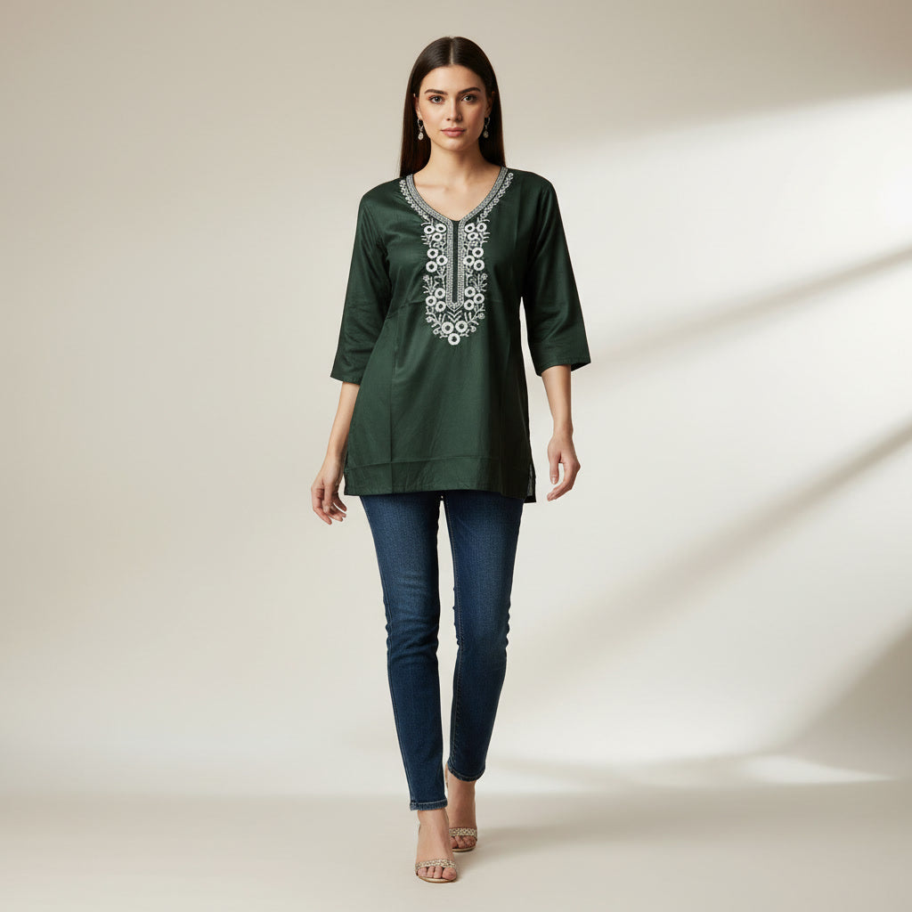 NIZORI Forest Green Embroidered Tunic Top for Women | Elegant 3/4 Sleeve Casual Kurti