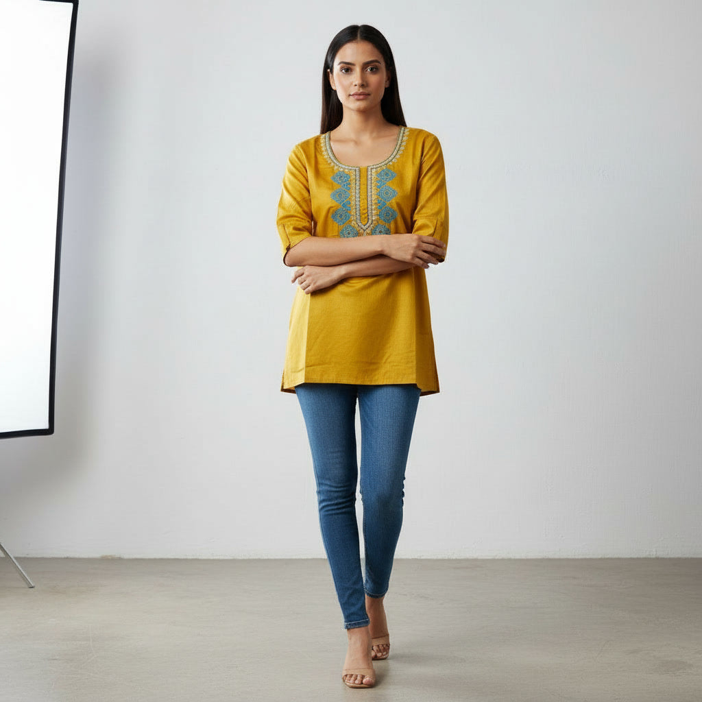 NIZORI Mustard Yellow Embroidered Round Neck Tunic Top for Women | Elegant 3/4 Sleeve Casual Kurti