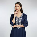 NIZORI Navy Blue Embroidered V-Neck Tunic Top for Women | Elegant 3/4 Sleeve Casual Kurt
