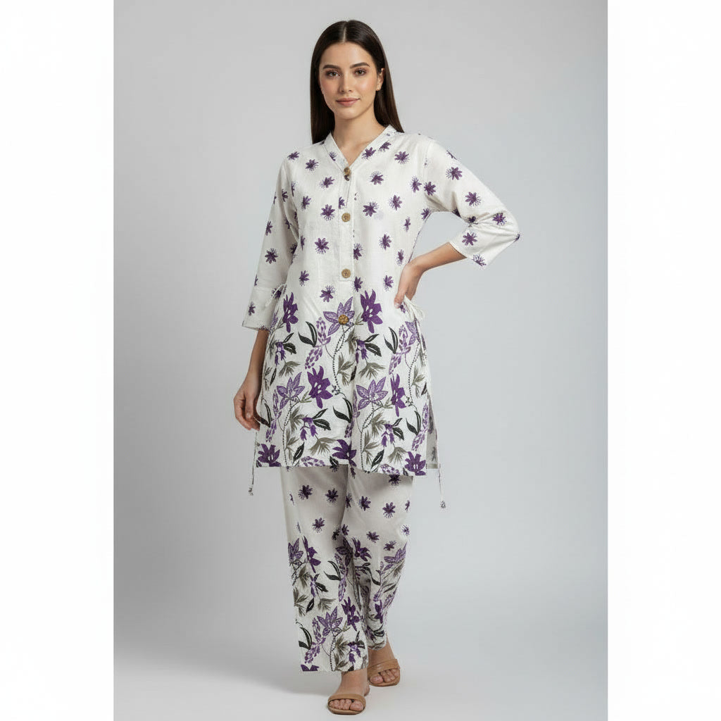 NIZORI Women Printed Co-Ord Set | Straight Kurti with Matching Pants | Elegant Casual & Office Wear Set
