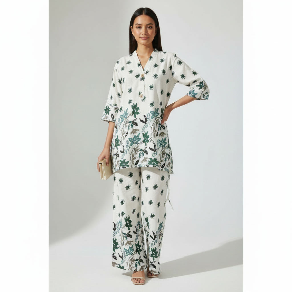 NIZORI Women Printed Co-Ord Set | Relaxed Fit Kurti with Matching Pants | Stylish Casual & Resort Wear Set