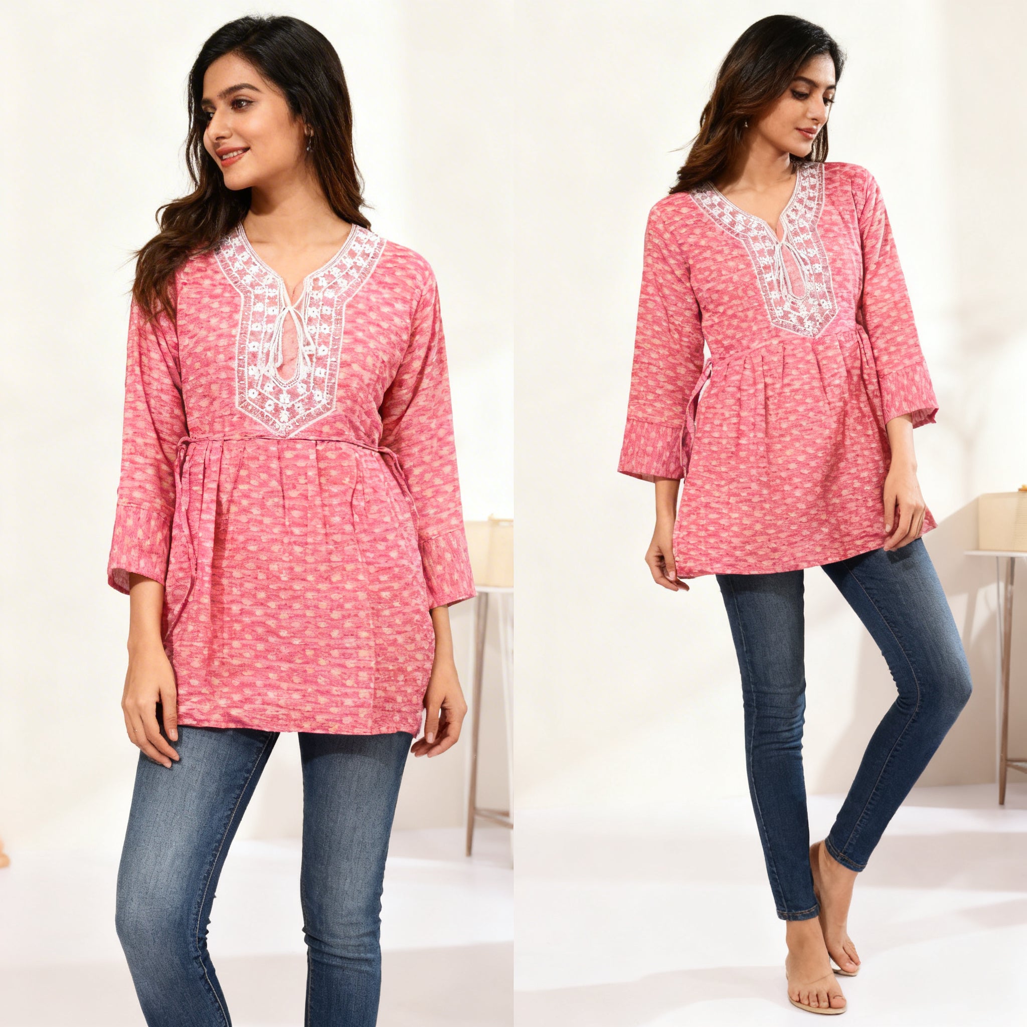 NIZORI Pink Printed Embroidered Tunic Top for Women | Elegant Flared 3/4 Sleeve Casual Kurti