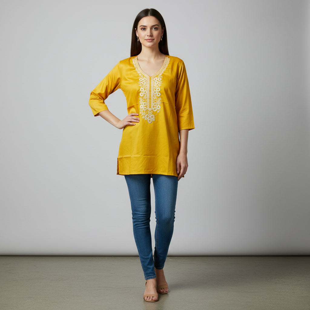 NIZORI Mustard Yellow Embroidered V-Neck Tunic Top for Women | Elegant 3/4 Sleeve Casual Kurti