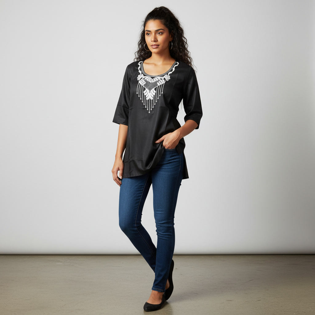 NIZORI Women Solid Short Kurti with Embroidered Neck | Stylish Casual & Office Wear Ethnic Top