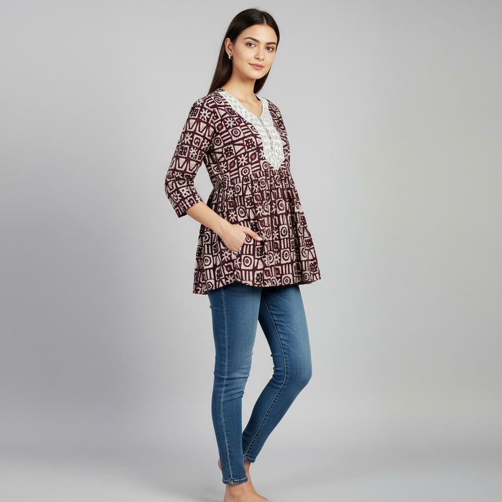 NIZORI Maroon Geometric Printed Tunic Top for Women | Embroidered Neck 3/4 Sleeve Casual Kurti