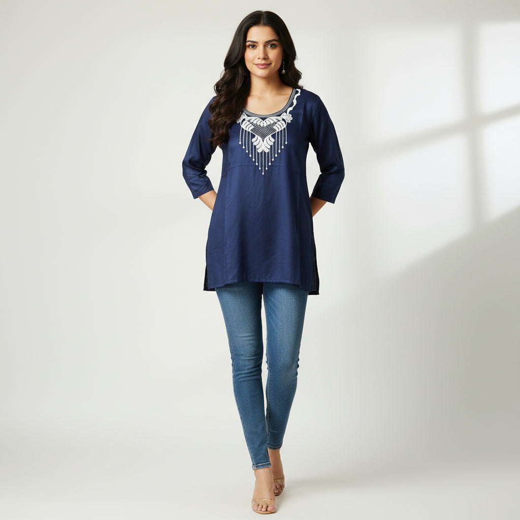 NIZORI Elegant Navy Blue Embroidered Tunic Top for Women | 3/4 Sleeve Soft Stretch Casual Kurti Style