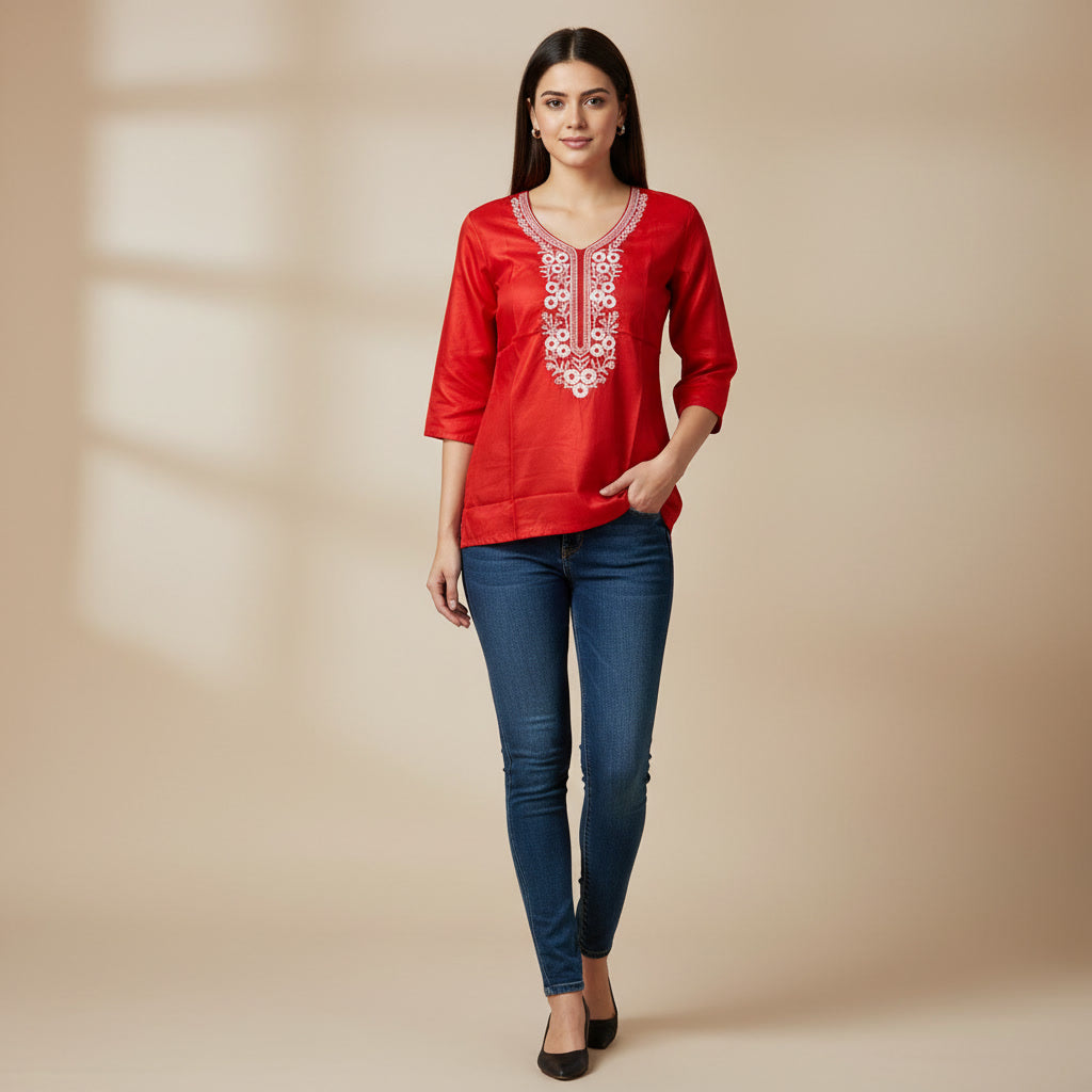 NIZORI Red Embroidered V-Neck Tunic Top for Women | Elegant 3/4 Sleeve Casual Kurti