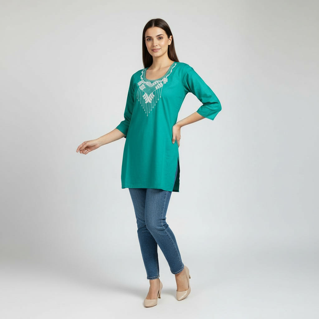 NIZORI Emerald Green Embroidered Tunic Top for Women | Elegant 3/4 Sleeve Soft Stretch Casual Kurti