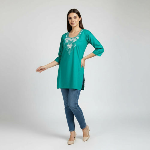 NIZORI Emerald Green Embroidered Tunic Top for Women | Elegant 3/4 Sleeve Soft Stretch Casual Kurti