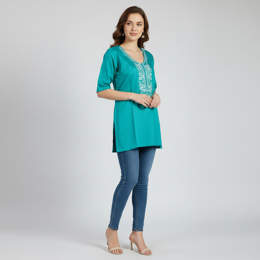 NIZORI Teal Embroidered 3/4 Sleeve Tunic Top for Women | Elegant Round Neck Casual Kurti