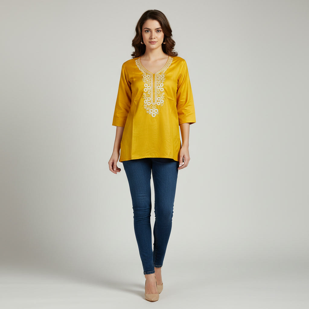 NIZORI Mustard Yellow Embroidered V-Neck Tunic Top for Women | Elegant 3/4 Sleeve Casual Kurti