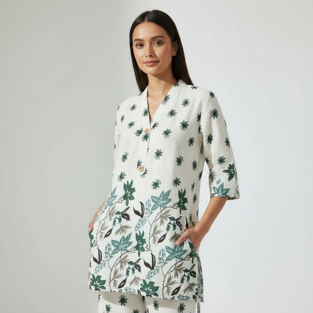 NIZORI Women Printed Co-Ord Set | Relaxed Fit Kurti with Matching Pants | Stylish Casual & Resort Wear Set