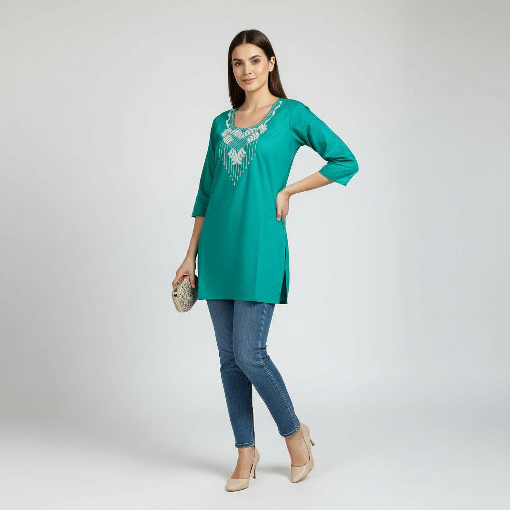 NIZORI Emerald Green Embroidered Tunic Top for Women | Elegant 3/4 Sleeve Soft Stretch Casual Kurti