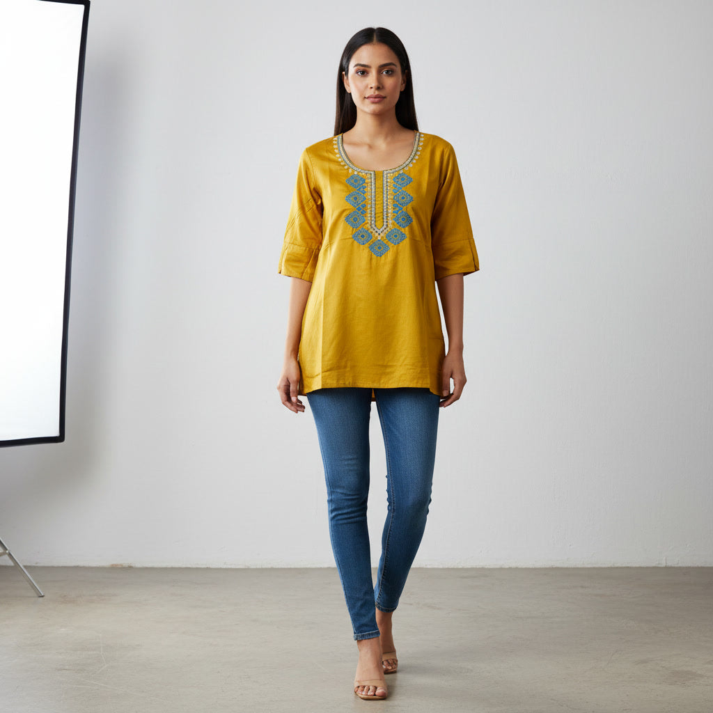 NIZORI Mustard Yellow Embroidered Round Neck Tunic Top for Women | Elegant 3/4 Sleeve Casual Kurti