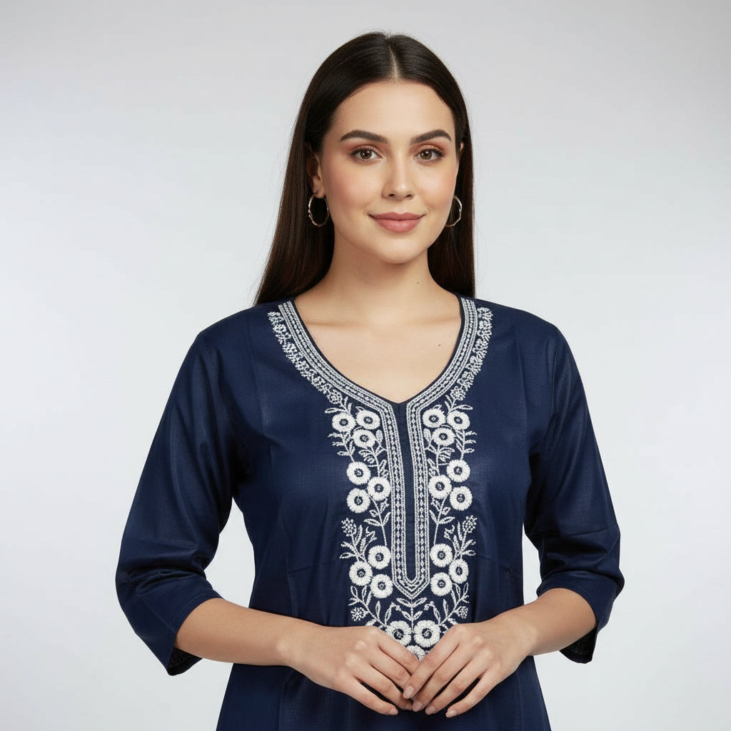 NIZORI Navy Blue Embroidered V-Neck Tunic Top for Women | Elegant 3/4 Sleeve Casual Kurt