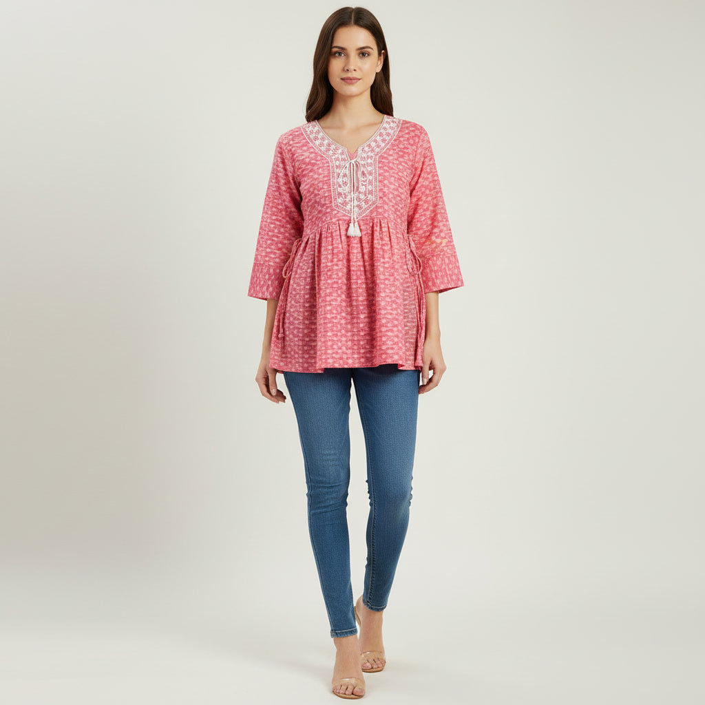 NIZORI Pink Printed Embroidered Tunic Top for Women | Elegant Flared 3/4 Sleeve Casual Kurti