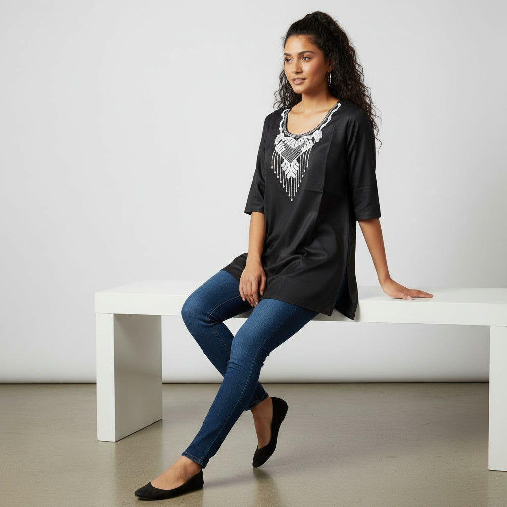 NIZORI Women Solid Short Kurti with Embroidered Neck | Stylish Casual & Office Wear Ethnic Top