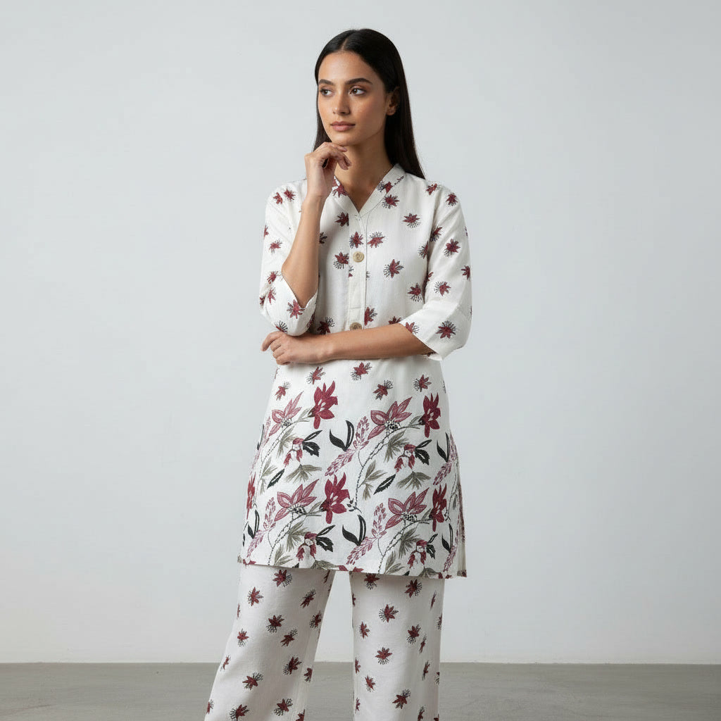 NIZORI Women Printed Co-Ord Set | Straight Kurti with Matching Pants | Casual & Office Wear Ethnic Set