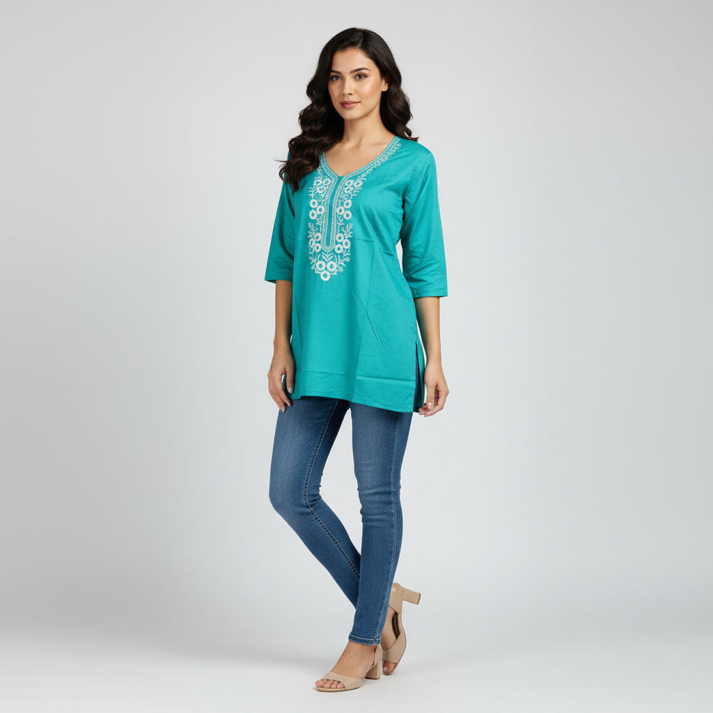 NIZORI Teal Embroidered 3/4 Sleeve Tunic Top for Women | Elegant Round Neck Casual Kurti