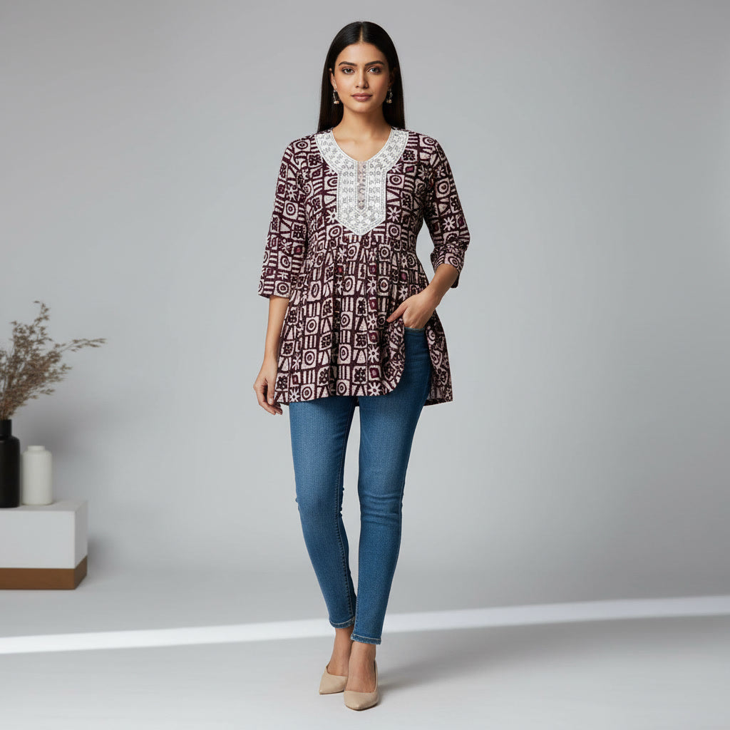 NIZORI Maroon Geometric Printed Tunic Top for Women | Embroidered Neck 3/4 Sleeve Casual Kurti