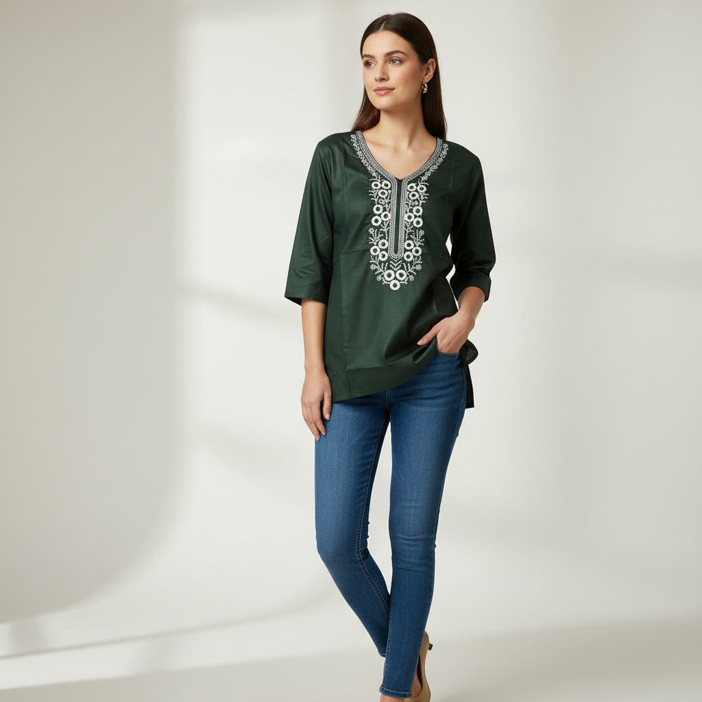 NIZORI Forest Green Embroidered Tunic Top for Women | Elegant 3/4 Sleeve Casual Kurti